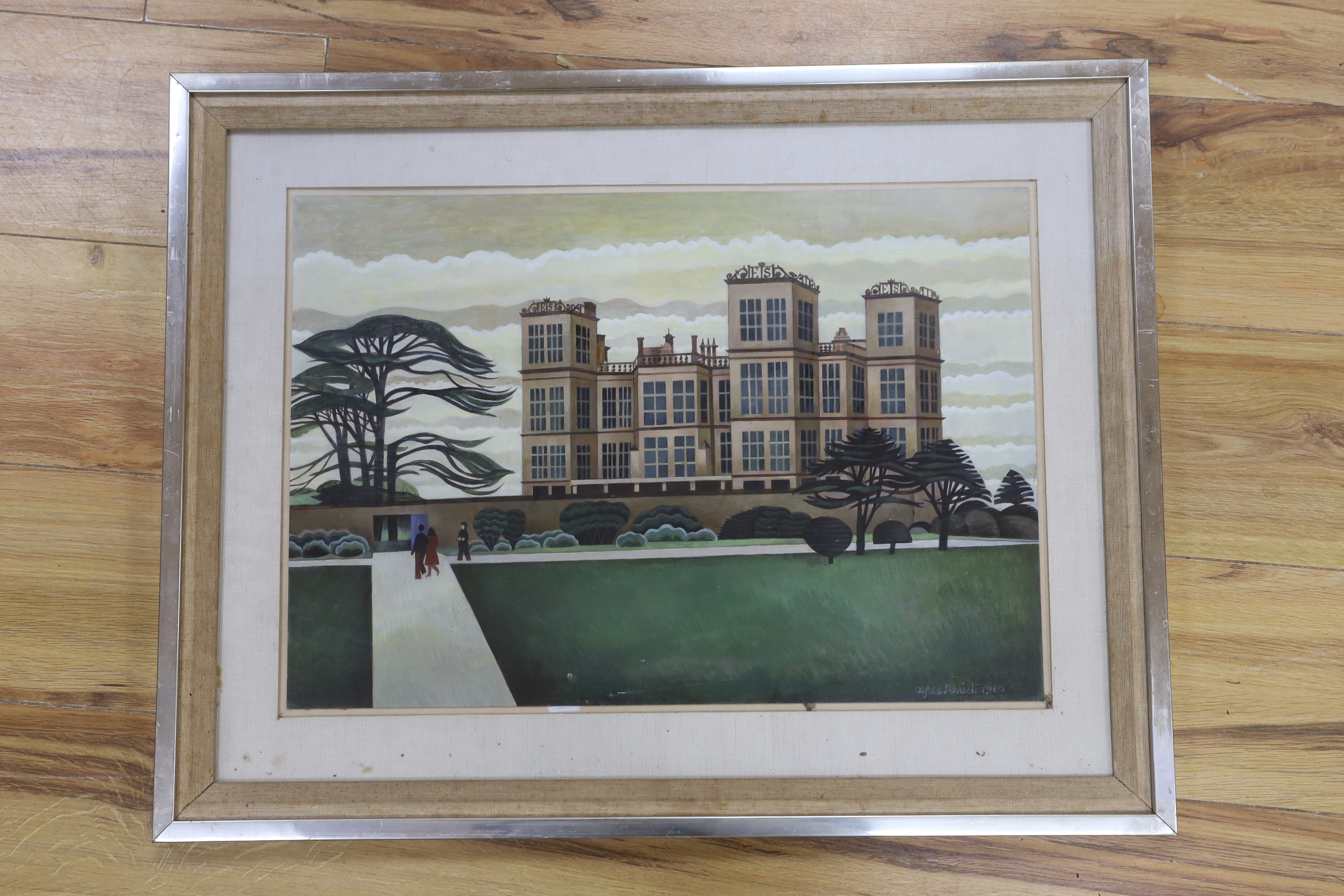 Alfred Daniels (1924-2015), oil and mixed media, 'Hardwick Hall, Derbyshire', signed and dated 1980, RWS Galleries, London inscribed label verso, 34 x 51cm